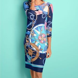Talbots Nautical Blue and White Sheath Dress with Cuffed Sleeves